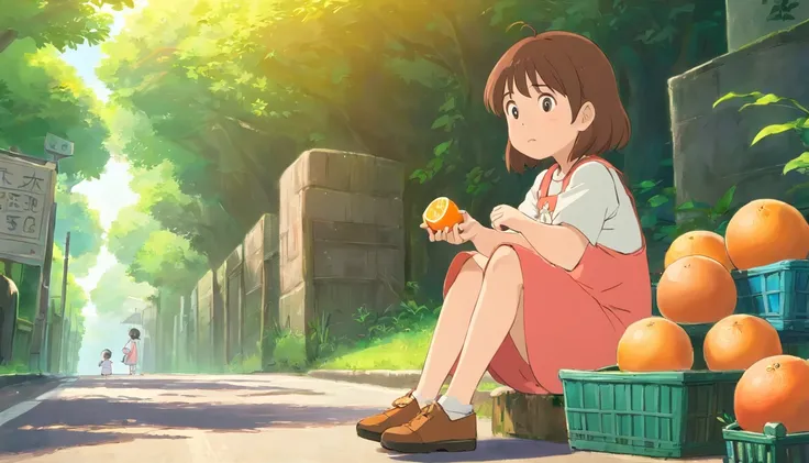 A little girl sits on the side of the road，Look up and speak，There are two baskets of grapefruit in front