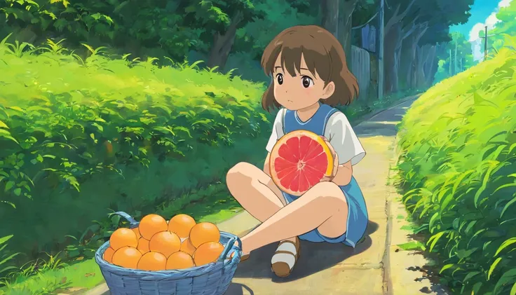 A little girl sits on the side of the road，Look up and speak，There are two baskets of grapefruit in front