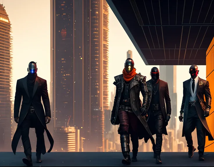 arafed image of a group of men in suits walking in a city, cyberpunk outfits, hq 4k wallpaper, in front of a sci fi cityscape, cyberpunk high fashion, in cyberpunk city, african cyberpunk wizards, in a futuristic cyberpunk city, cyberpunk noir, cyberpunk f...