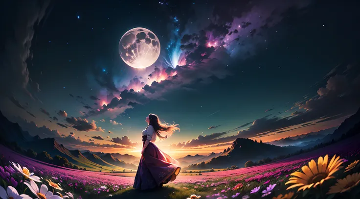 ((Best Quality)), ((hight resolution)), ((Wallpapers in 4K)), (((Extremely detailed, Perfect Pixel))), ((nffsw, nffsw, nffsw)), Wide Landscape Photography, (viewed from below, The sky is above, The open field is below), (((a girl standing on flower field l...