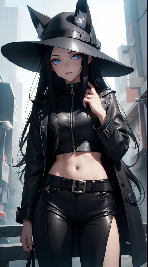 young girl, Long black hair, Fox ears, blue eyes, leather coat, hat, pants, claws, Smoke, Masterpiece, hiquality, 4k, HD, Good detail