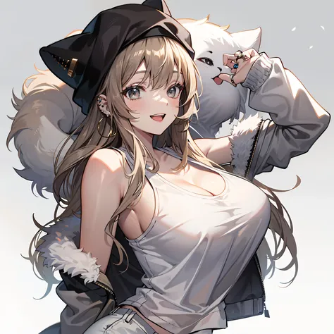 big breasts, Light brown hair, white hair highlights, gray eyes, gray tank top, White pants, cute, ushanka hat, full body, white background, big smile, wearing a fashion ring, Cheek piercing