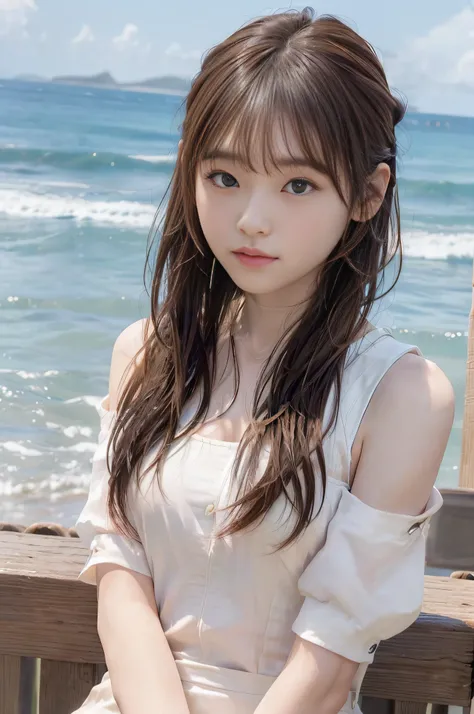 (in 8K、Raw photography、top-quality、​masterpiece)、(realisitic、Photorealsitic)、1girl in、A Japanese Lady、18year old、(swim wears)、((Highly detailed facial and skin texture:1.3)、Detailed lips、(skinny  body:1.3)、(thin arm:1.3)、(A detailed eye、Sareme)、(shinny ski...