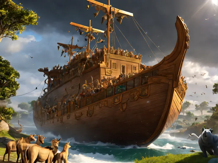 (8K, 16 K, awardwinning, Highest Quality, High resolution, high detailing, super detailed, Anatomically correct, masutepiece), (Noahs Ark: 1.5), Mythical boat, Huge wooden ship, All animals on the planet are on board, stormy waters (Noah and his family: 1....