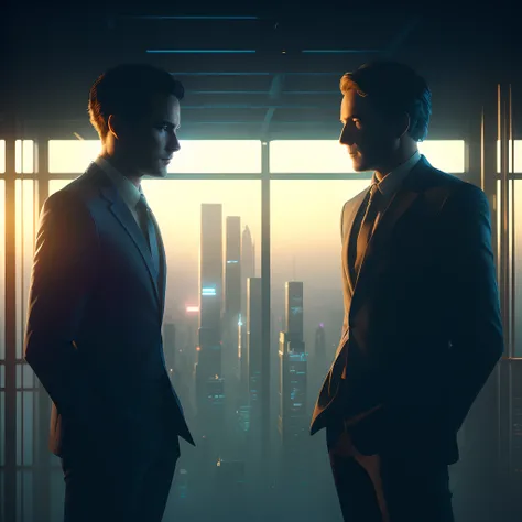 two men in suits stand in a window looking out at a city, beeple and greg rutkowski, beeple and tim hildebrandt, beeple and mike winkelmann, beeple and jean giraud, cinematic beeple, in style of beeple, artgem and beeple masterpiece, 3 d render beeple