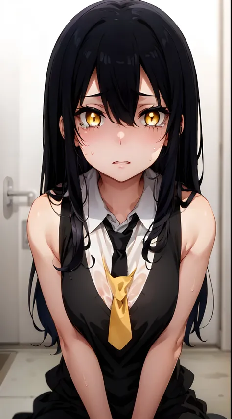 (mieruko:1.3), 1girl, scared, tears, sweat drips, yellow detailed eyes, long black hair, big eyes, (open mouth:0.1), detailed pupils, hdr shadows, (elegant clothes, sleeveless).