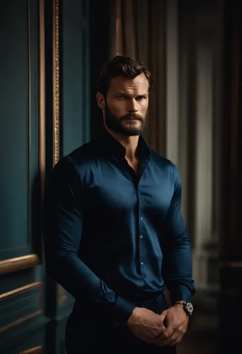 (Men in elegant clothes), ), (Has a long, bushy beard,) (blue color eyes) (sportrait) Attractive and serious look, dark brown  hair, Classy and Elegant, and strong T-shirts, Men like actor Jamie Dornan, (Realistic high-quality images), Scandinavian apartme...