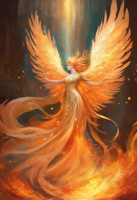 burning feathers，Phoenix reborn，Elegant and majestic，fantasy，Gustav Klimt，majestic creature，rim-light