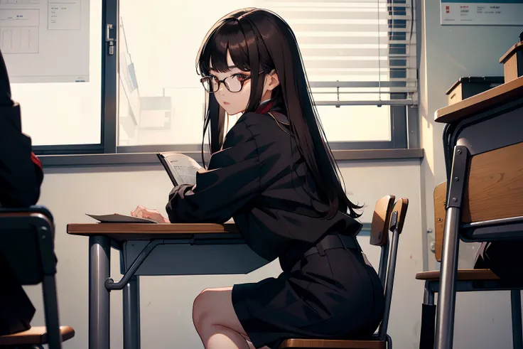 a beautiful Korean girl in uniform long black brown hair, in glasses sitting at chair in classroom and a tall , mash cut hairstyle , handsome Korean boy stare her at the chair from behind