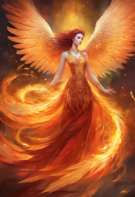 burning feathers，Phoenix reborn，Elegant and majestic，fantasy，Gustav Klimt，majestic creature，rim-light