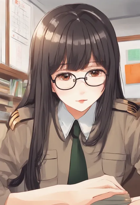 a beautiful Korean girl in uniform long black brown hair, in glasses sitting at chair in classroom and a tall , mash cut hairstyle , handsome Korean boy stare her at the chair from behind