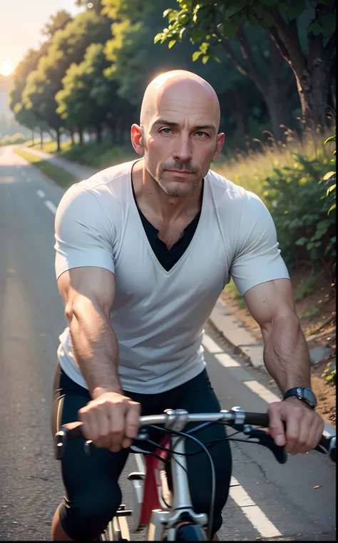 bald man, realism, 40 years old, coming by bike, clean shaven, bike path, accent nature view, sunrise --auto --s2