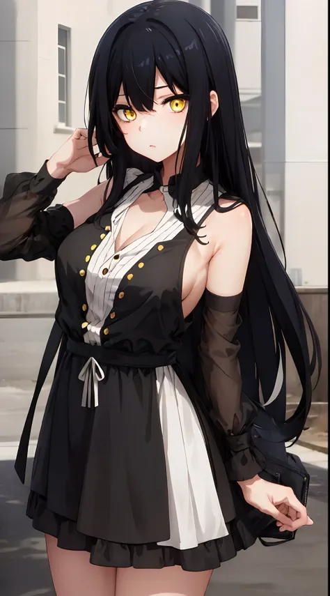 (mieruko:1.3), 1girl, yellow detailed eyes, long black hair, big eyes, (open mouth:0.1), detailed pupils, hdr shadows, (elegant clothes, sleeveless).