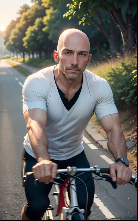 bald man, realism, 40 years old, coming by bike, clean shaven, bike path, accent nature view, sunrise --auto --s2