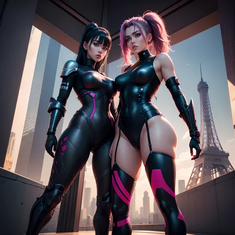 Duas guerreiras samurais lindas e sexys lutando em frente a torre eiffel, Cyberpunk,  futurista, 8k