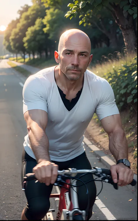 bald man, realism, 40 years old, coming by bike, clean shaven, bike path, accent nature view, sunrise --auto --s2