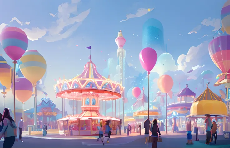 An amusement park,Streamers，balloons，carousel horses， colorful concept art, A beautiful artwork illustration, ross tran. scenery background, illustration concept art, concept art digital illustration, award winning concept art, childrens art in artstation,...