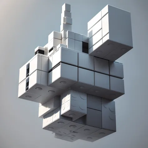 (lego building floating in the air, using only white color), (toys), (lego), gray background, simple shading, front-view, low-poly