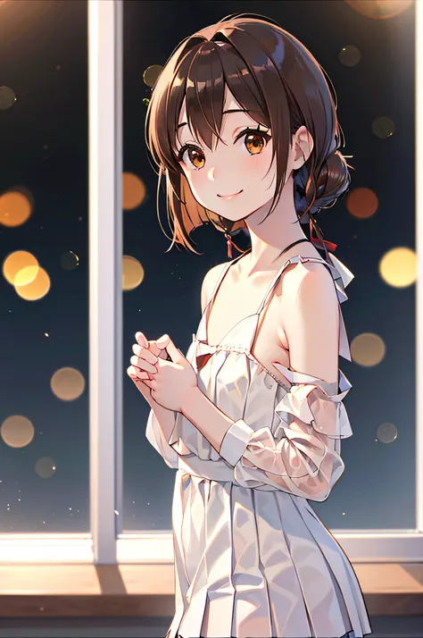 Best Quality, 超A high resolution, (Photorealistic:1.4), Raw photo, (upper thigh, From Side:0.7), (Bokeh:1.5), (in a suite:1.6),window, 1日本人の女の子, Cute, (Solo:1.6), (Shy smile), (Brown eyes), Smooth skin, (Brown medium hair,Bangs),(Small chest),Delicacy, (to...