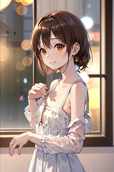 Best Quality, 超A high resolution, (Photorealistic:1.4), Raw photo, (upper thigh, From Side:0.7), (Bokeh:1.5), (in a suite:1.6),window, 1日本人の女の子, Cute, (Solo:1.6), (Shy smile), (Brown eyes), Smooth skin, (Brown medium hair,Bangs),(Small chest),Delicacy, (to...