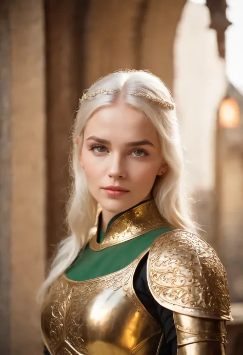 (((Golden armor))) fair complexion, woman around 19 years old, natural white hair, distinctive green eyes, wearing kohl, slender and graceful, beautiful, candlelight in a medieval setting, ultra sharp fcus, realistic shot, medieval male knight, tetradic co...