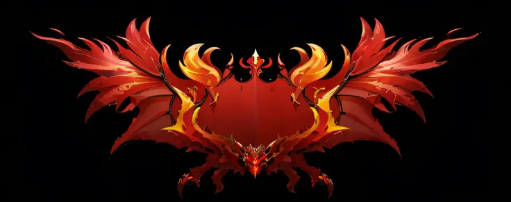 There are red and yellow badges，Wings on black background, Hellfire background, ornate with fiery explosions, Red demon armor, Symmetrical wings，feater, ornate supreme demon overlord, background artwork, ornate border + concept-art, Demanding design, fire ...