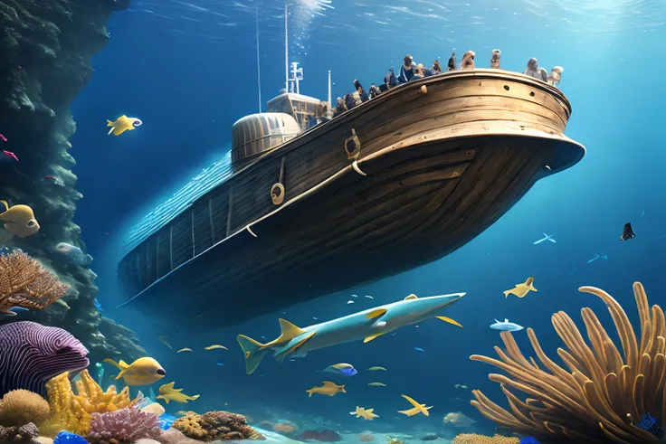 Noahs Ark, submarine, under sea, (ultra high detailed, 8K, masterpiece, top quality:1.1)