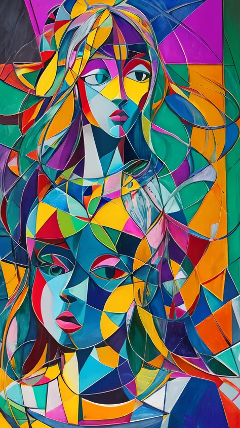 Create an artistic composition that combines Picassos cubist abstraction with Leonardo da Vincis sfumato technique. Use deconstructed, layered geometric shapes in bold, vivid colors, while incorporating elements of subtle gradation and soft tonal blends to...