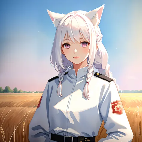 Female, petite, young adult, pink eyes, white hair, braid, white military trenchcoat, black jumpsuit, communist, (watercolor painting), high resolution, best quality, shadows, soft lights, impasto impressionism, (linear art), ((wheat field)), (((very detai...