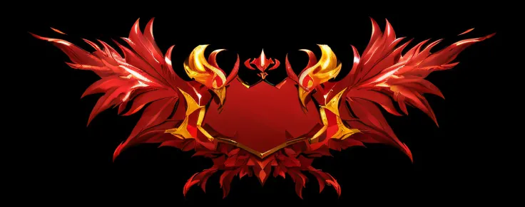 There are red and yellow badges，Wings on black background, Hellfire background, ornate with fiery explosions, Red demon armor, Symmetrical wings，feater, ornate supreme demon overlord, background artwork, ornate border + concept-art, Demanding design, fire ...