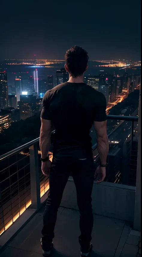 1boy, a tall muscular guy, standing on the top of a building, standing in a dark place, wearing tshirt, looking at beautiful night city, at night, beautiful city view, electricity environment, beautiful scenery, back side view, standing in dark place