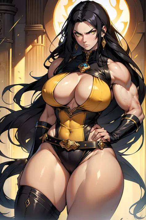 solo, 1 girl, (royal garb), very long hair, black hair, angry, yellow eyes, (((muscular))), ((huge tits)), (thick thighs)), ((wide hips)), pale skin