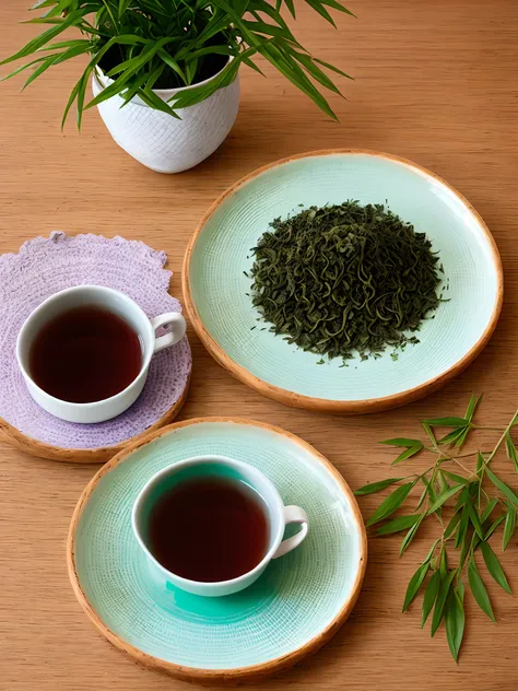 teals，Dried tea leaves，Bamboo woven plates，Purple clay pot，teacup，Tea，girl，desks，rays of sunshine