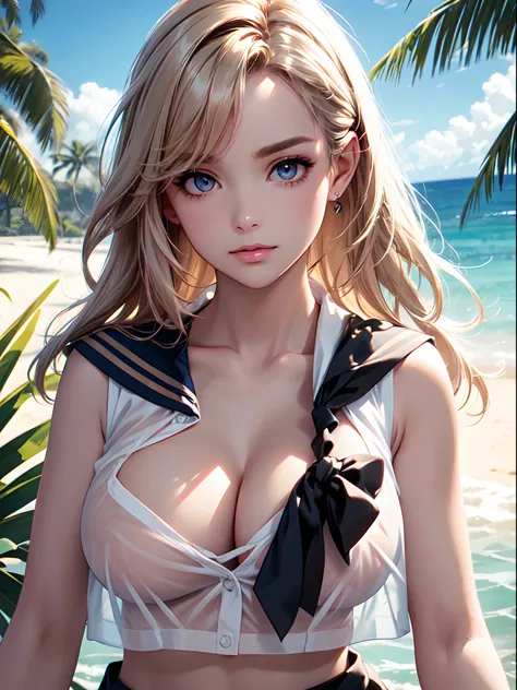 Close  up of face, beautiful face, cute face, (((toppless))), (((sheer sailor  shirt , Sleeveless ))), (((Show off  cleavage))), (((Large breasts))), (((Open front))), Detailed beautiful eyes, (((Sunny))), extremely detailed CG unified 8k wallpaper, very f...