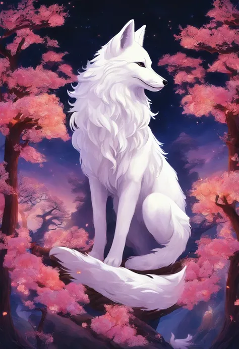 Chinese mythology，white fox，（（（Nine Tails））），moutains，Moon Night，tmasterpiece，Best picture quality，super-fine，Super magical，ultra - detailed，8K分辨率，OC renderer，dynamic viewing angle