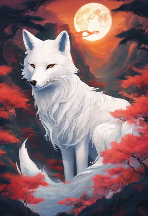 Chinese mythology，Huge white fox，Thick clouds，（（（Nine tails））），moutains，themoon，tmasterpiece，Best picture quality，super-fine，Super magical，ultra - detailed，8K分辨率，OC renderer，dynamic viewing angle