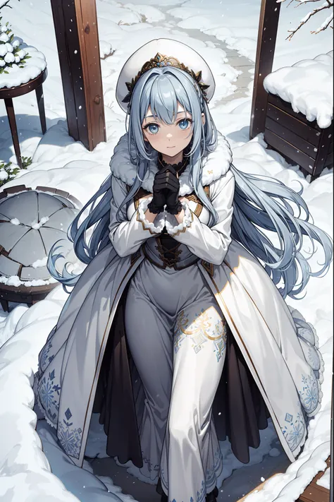 saints，divino，solemn，(wintercoat:1.1)，Long boots，Long gloves，(Cotton coat)，(Winter hat:1.3)，(Lots of plush:1.1)，down jacket，(Silvery hair:1.1)，eBlue eyes，(Many ornaments made of ice:1.1)，Light gray edges，Light gray pattern，Maximalism，Ruffles，Lace，Delicate ...