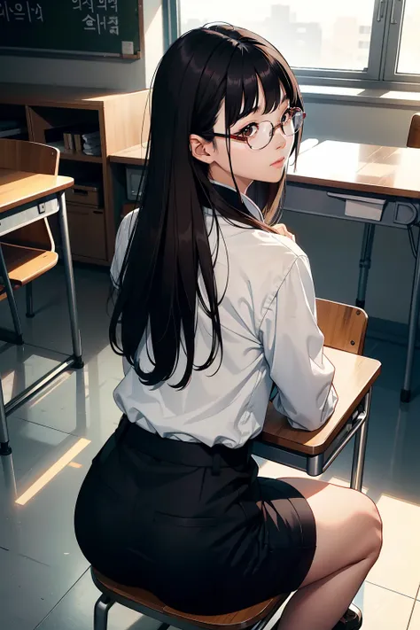 a beautiful Korean girl in uniform long black brown hair, in glasses sitting at chair in classroom and a tall , mash cut hairstyle , handsome Korean boy stare her at the chair from behind