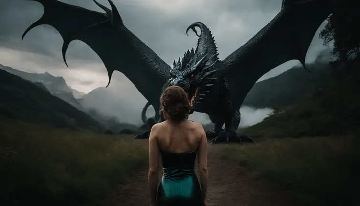 Upper body shot of a woman dressed in latex leotard in the foreground, a giant dragon on the background, dark atmosphere, epic aesthetic, lord of the rings aesthetic, wallpaper, ultra detailed, photorealistic, masterpiece.