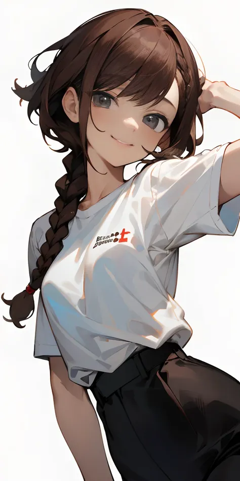 ((beste-Qualit, tmasterpiece)), a 1girl, brown hair, Black pants, white tshirt, hairsh, braided, gray eyes, Smiling, closed mouth