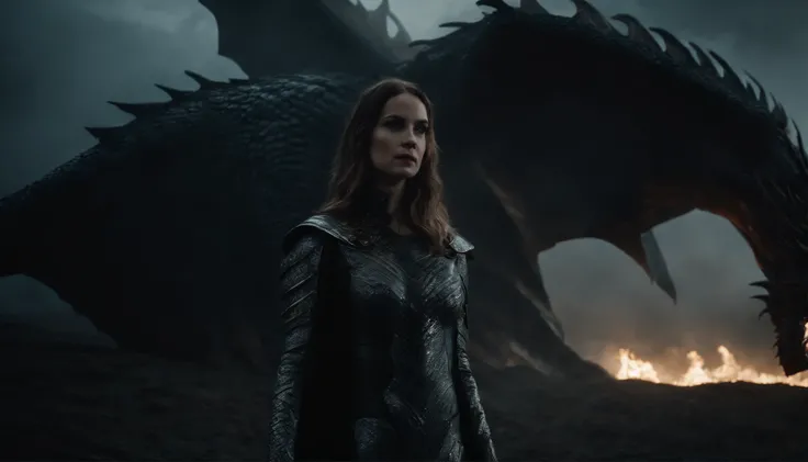 Upper body shot of a woman dressed in latex leotard in the foreground, a giant dragon on the background, dark atmosphere, epic aesthetic, lord of the rings aesthetic, wallpaper, ultra detailed, photorealistic, masterpiece.