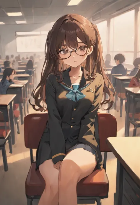 a beautiful Korean girl in uniform long black brown hair, in glasses sitting at chair in classroom and a tall , mash cut hairstyle , no bra under clothes ,  visible , wet   , cum in  , cum dripping from  , spread legs  , handsome Korean boy stare her at th...