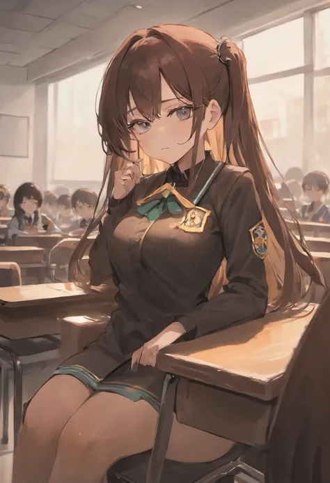 a beautiful Korean girl in uniform long black brown hair, in glasses sitting at chair in classroom and a tall , mash cut hairstyle , no bra under clothes ,  visible , wet   , cum in  , cum dripping from  , spread legs  , handsome Korean boy stare her at th...