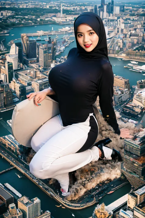 (Best quality, high resolution, masterpiece: 1.3), a beautiful malay woman in hijab, gigantic breasts, slim figure, sweatshirt, beautifully presented details in the street and facial and skin texture, detailed eyes, double eyelids, big eyeschest visible, s...