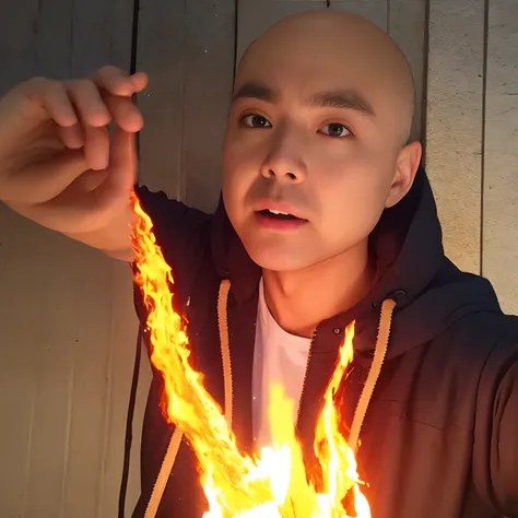 baldness、8K、Best Quality、realisitic、Busaic、Tempered body、Dramatic、Male one、Wearing Flames、Burst into flames、Fire Sorcerer、Manipulating Fire