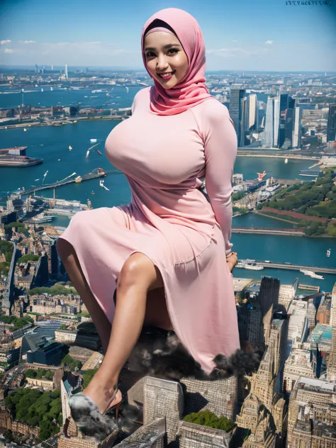 (Best quality, high resolution, masterpiece: 1.3), a beautiful malay woman in hijab, gigantic breasts, slim figure, sweatshirt, beautifully presented details in the street and facial and skin texture, detailed eyes, double eyelids, big eyeschest visible, s...