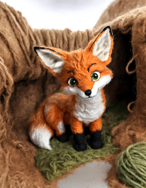 w00len, a realistic picture of a fox looking out of a foxhole made of wool and yarn, yarn