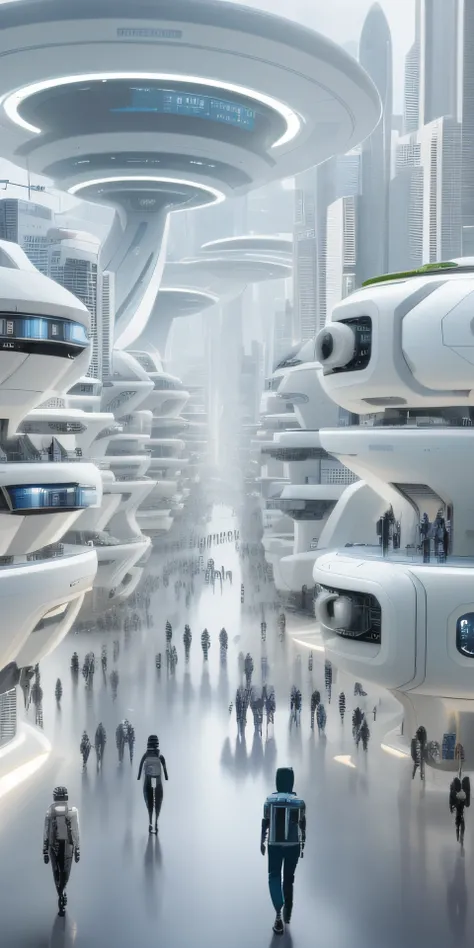 A group of people walk in a futuristic city with many buildings, human futuristic city, hyper-futuristic city, otherwordly futuristic city, futuristic city street, The future city, futuristic street, Beautiful city of the future, futuristic utopian city, f...