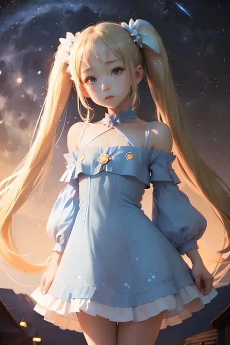 (((Petite girl with blonde twin tails))),((Light Blue Silk Off Shoulder Sheath Roofle Dress)),1girl in,(masutepiece), (Best Quality), (Best Detail),, ((())), Very detailed face, , Night , shading ,(((kosmos))),((())),((())),(())),,(((milkyway,fullmoon))),(...