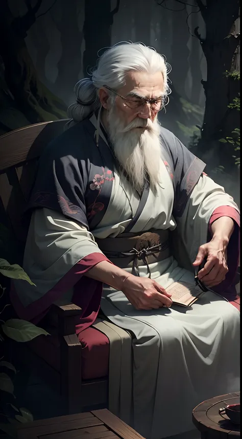 Illustration, wide-shot, wise looking old hermit with grey hair wearing Hanfu in a misty forest, evening, masterpiece, intricate, beautiful, hyper detailed, 8k uhd, best quality.